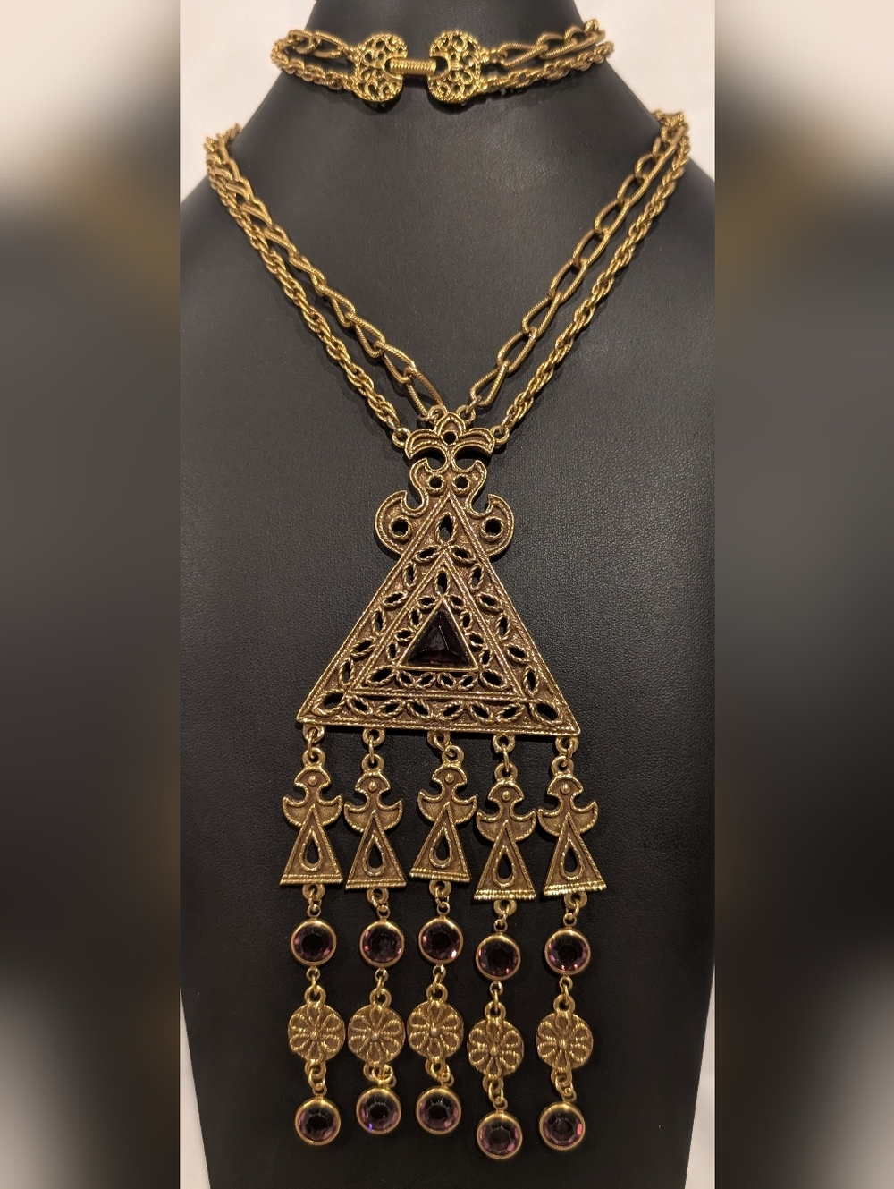 Goldette Gold-Tone Filigree Triangle Pendant Necklace with Purple Accents